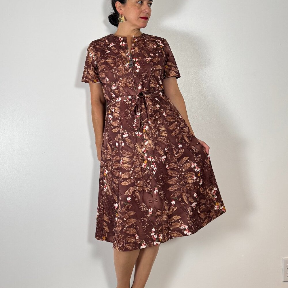 70's Vintage Floral A-Line Brown Dress - Size L